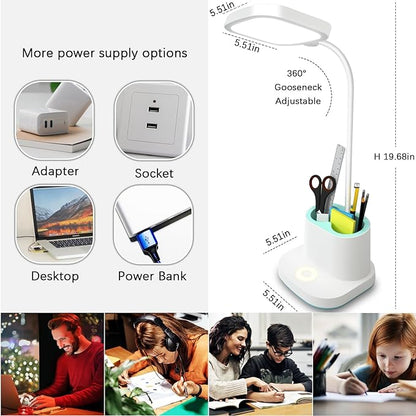 Desk Lamp College Dorm Room Essentials for Girls Guys, 3 Color Reading Lamp with USB Charging Port, Pen Holder, LED Desk Light for Home Office, Rechargeable Battery Cordless, Flexible Gooseneck, White - LeafyLoom