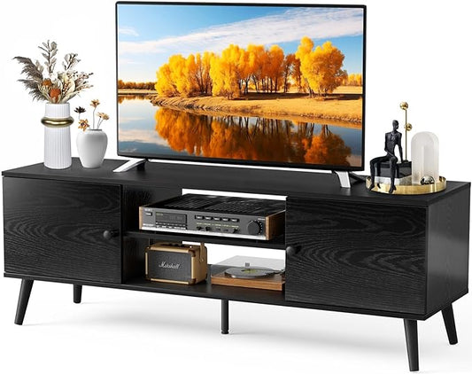 Sweetcrispy TV Stand for 55 60 inch Television, Entertainment Center with Storage, 2 Cabinet Media Console Table, Soft Hinge Door with Handle, Wood Feet, Living Room, Bedroom Furniture, Charcoal Black - LeafyLoom