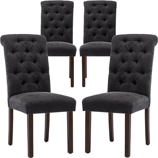 COLAMY Button Tufted Dining Chairs Set of 4, Parsons Upholstered Fabric Dining Room Chairs Kitchen Chairs with Wood Legs and Padded Seat, Black - LeafyLoom