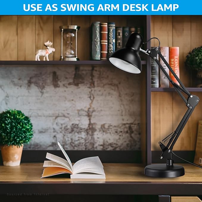 TORCHSTAR Metal Desk Lamp with Clamp, Swing Arm , Architect Adjustable Gooseneck Table Lamp, Clip Desk Lights for Home Office, Work, Study, Reading, E26 Base, Multi-Joint, Black - LeafyLoom