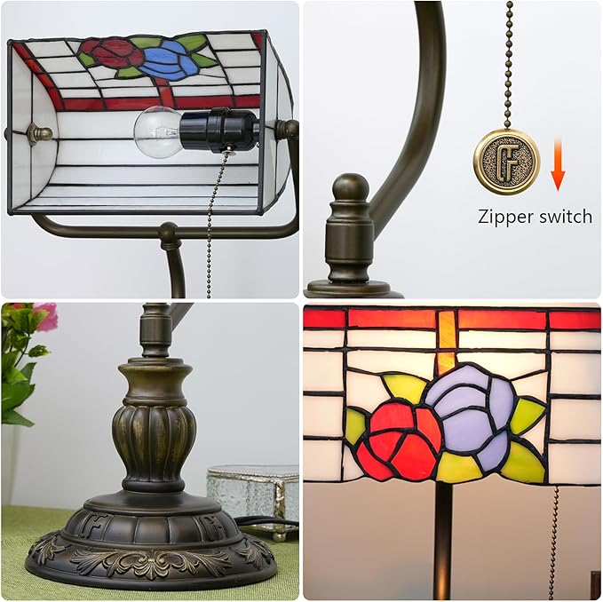 Bankers Lamp,Stained Glass Lamp,Dimmable Vintage Desk Lamp for Home Office Workplace Nightstand Bedroom Library Piano LED Bulb Included (roses) - LeafyLoom