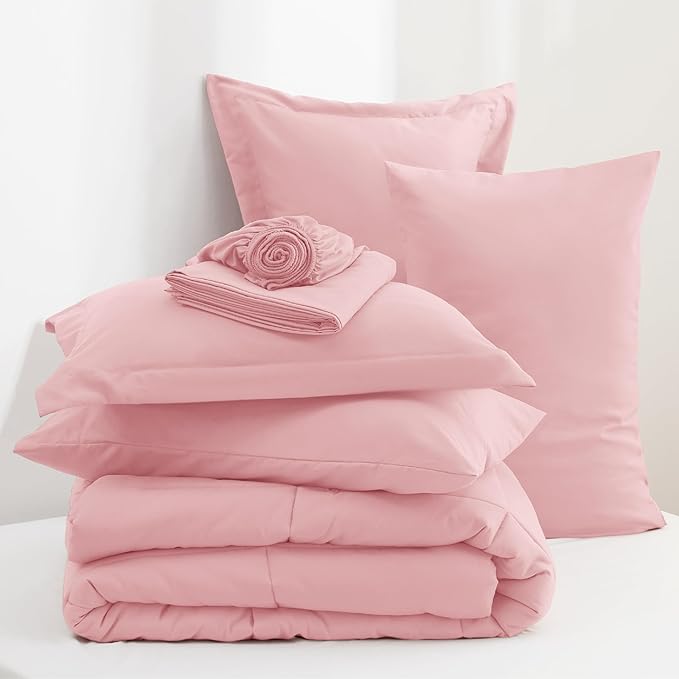 Bedsure Pink King Size Comforter Set - 7 Pieces Solid King Bed in a Bag, King Bed Set Pink with Comforters, Sheets, Pillowcases & Shams - LeafyLoom