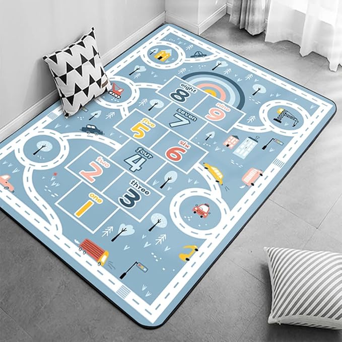 Kids Rug Play Mat, Car Rug, Hopscotch Rug, Hopscotch Mat for Kids, Can Be Used to Play with Cars Kids Carpet Play Mat,(Blue,120×160cm/47×63IN) - LeafyLoom