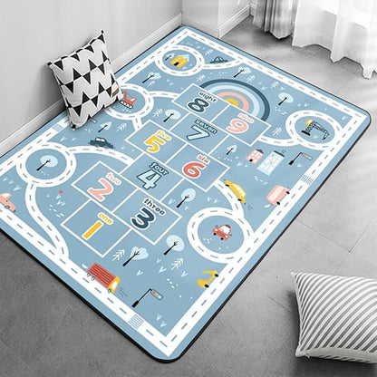 Kids Rug Play Mat, Car Rug, Hopscotch Rug, Hopscotch Mat for Kids, Can Be Used to Play with Cars Kids Carpet Play Mat,(Blue,120×160cm/47×63IN) - LeafyLoom