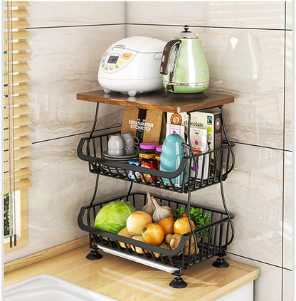 Wisdom Star 5 Tier Fruit Vegetable Basket for Kitchen with Wooden Tabletop, Storage Cart Vegetable Basket Bins for Onions and Potatoes, Wire Storage Basket Organizer Utility Cart with Wheels, Black - LeafyLoom