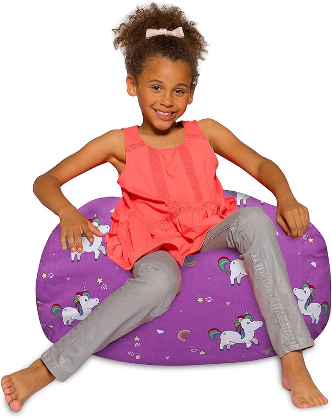 Posh Creations Bean Bag Chair for Kids, Teens, and Adults Includes Removable and Machine Washable Cover, 27in - Medium, Canvas Unicorn and Rainbows on Purple - LeafyLoom