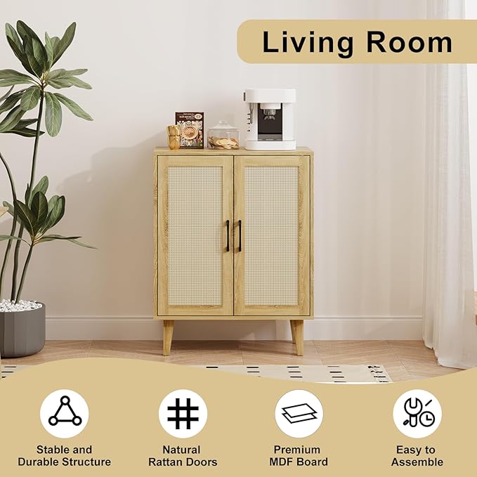 Rattan Decorated Buffet Cabinet - 2 Doors Simple Style Storage Cabinet, Shoe Cabinet with Adjustable Shelves, Sideboard for Kitchen, Living Room, Hallway, Entryway (Natural Wood) - LeafyLoom