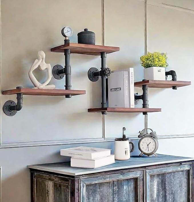 Industrial Rustic Modern Solid Wood Ladder Pipe Wall Mounted Floating Shelves – 4 Tiers Bookshelf,DIY Storage Shelving,Hung Bracket,Bookcases - LeafyLoom