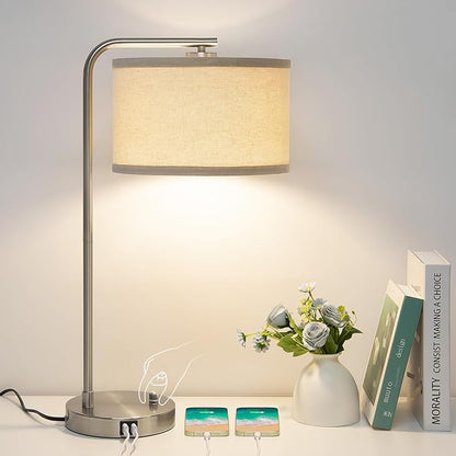 Table Lamp for Living Room, Modern Bedside Lamp with Dual USB Ports, Fully Dimmable Nightstand Lamp with Beige Drum Shade, Silver Finish Side Table Lamp for Bedroom Office, 3000K LED Bulb Included - LeafyLoom