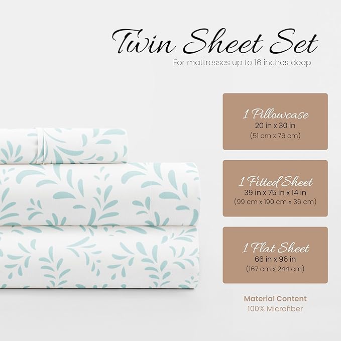 Linen Market 3 Piece Twin Bedding Sheet Set (Light Blue Vines) - Sleep Better Than Ever with These Ultra-Soft & Cooling Bed Sheets for Your Twin Size Bed - Deep Pocket Fits 16" Mattress - LeafyLoom