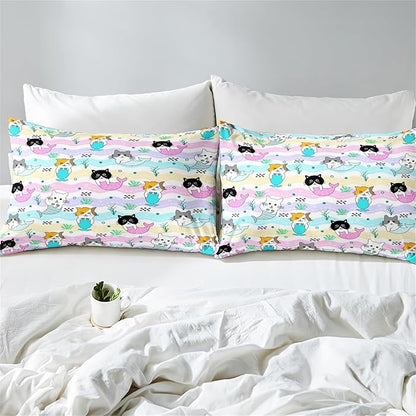 Girls Cat Bedding Set Queen Size - 3Pcs Cute Cartoon Mermaid Tail Cat Patterns Comforter Set for Girls Boys Kids Bedroom Cat Bedding Room Decor for All Season, 1 Comforter 2 Pillow Cases - LeafyLoom