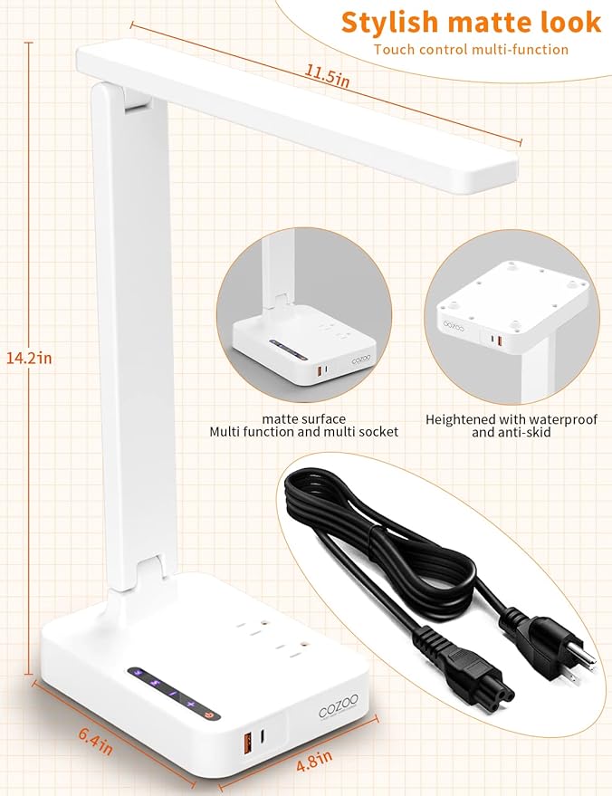 cozoo LED Desk Lamp with USB Charging Ports and Type C Port,2 AC Outlets,9 Lighting Modes,Touch/Memory/Timer Function,10W Eye Protection Foldable Reading Light,Study Lamp,Dorm Essentials Desk Light - LeafyLoom