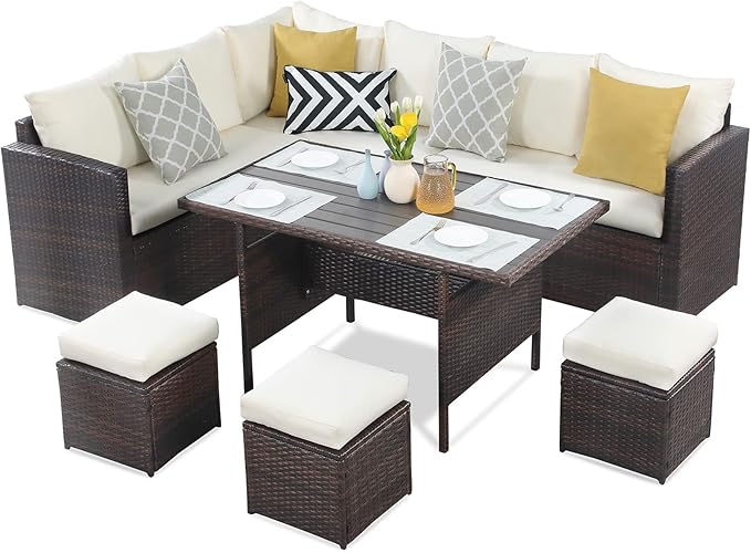 Wisteria Lane Patio Furniture Set, 7 Piece Outdoor Dining Sectional Sofa with Dining Table and Chair, All Weather Wicker Conversation Set with Ottoman, Ivory - LeafyLoom