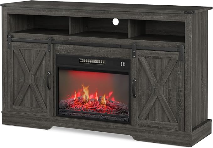 Fireplace TV Stand for 65+ Inch TV, Farmhouse Entertainment Center with 23" Electric Fireplace with Remote, Modern Rustic TV Console with Sliding Bar Door for Living Room,Dark Grey - LeafyLoom