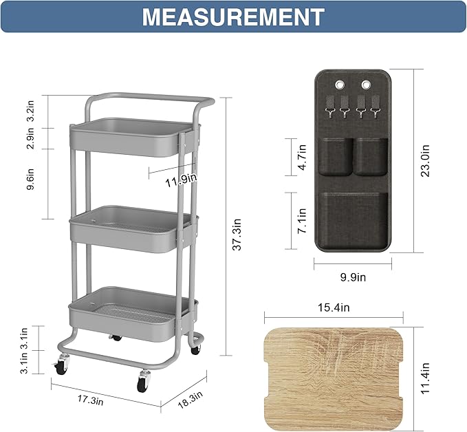 DTK 3 Tier Metal Utility Rolling Cart with Table Top and Side Bags, Tray Storage Organizer Wheels, Art Craft 4 Hooks for Kitchen Bathroom Office Living Room(Grey) - LeafyLoom