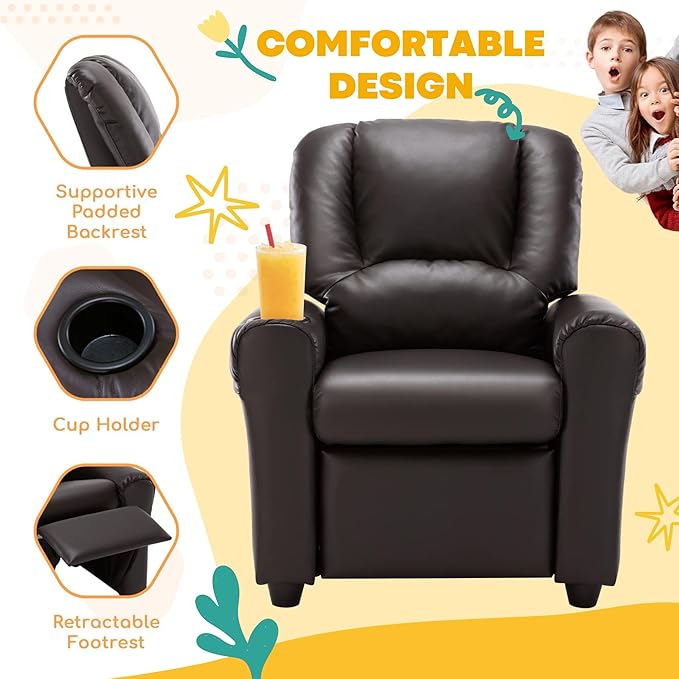 JC HOME CANDY Kids Chair Leather Recliner Sofa Toddler Youth Children Child Ages 3-7, Brown - LeafyLoom