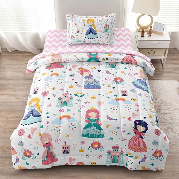 Girls Twin Bedding Sets, Kids Comforter Set for Teens w/Sheets and Pillowcase, Soft Reversible Cartoon Princess Bed in a Bag Sets - LeafyLoom