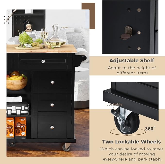 Island with Storage Cabinets, Rolling Mobile Kitchen-cart with Rubber Wood Desktop and 5 Drawers & Open Shelves, Sideboard for Dining Room, Home Bar, Black, 52.8 Inch - LeafyLoom