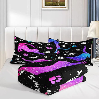 Cute Cat Comforter Kids Bedding Set Full,3Pcs Soft Paw Fish Bone Print Quilt Set Bed in A Bag with 1 Comforter 2 Pillowcases for Kids Boys Girls Teens Adults Room Decor All Season Gradient Purple Blue - LeafyLoom