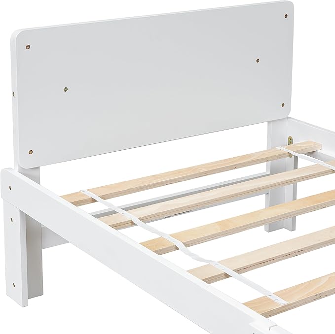 Twin Bed with Footboard Bench, Twin Kid Bed with Headboard, Wood Slat Support, Cute Kid Bed Frame with Book Storage Space, Twin Car Bed for Boys Girls Bedroom, No Box Spring Needed, White - LeafyLoom