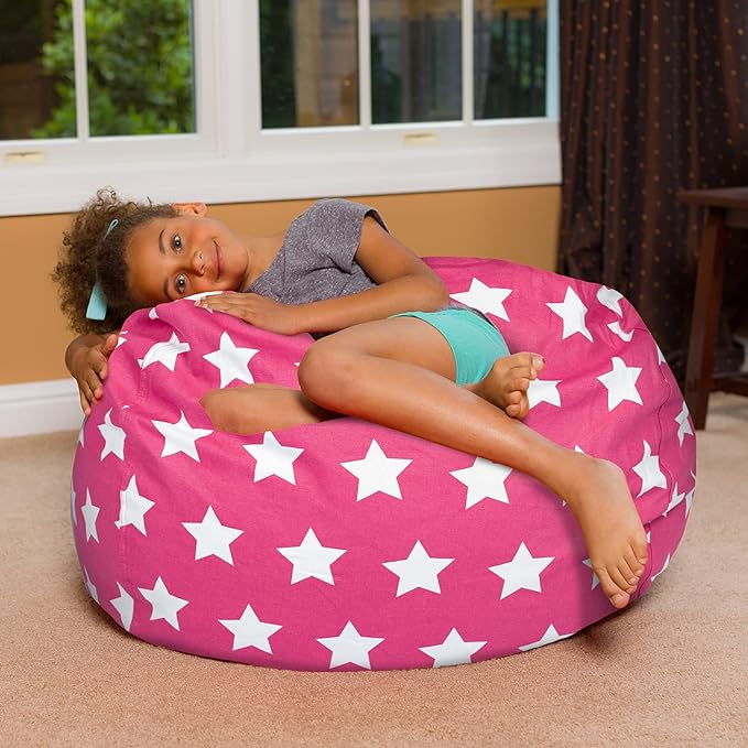 Posh Creations Bean Bag Chair for Kids, Teens, and Adults Includes Removable and Machine Washable Cover, 38in - Large, Canvas White Stars on Pink - LeafyLoom