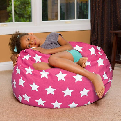 Posh Creations Bean Bag Chair for Kids, Teens, and Adults Includes Removable and Machine Washable Cover, 38in - Large, Canvas White Stars on Pink - LeafyLoom