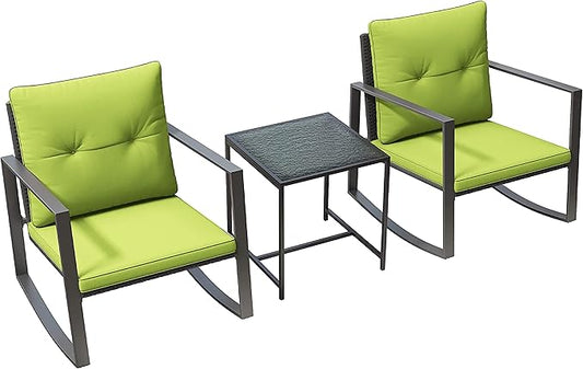 3 Piece Rocking Bistro Set - Synthetic Wicker Outdoor Furniture - Glass Coffee Table with 2 Chairs for Balcony, Patio & Porch - Black Metal, Soft Cushions (Green) - LeafyLoom