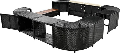 Outdoor Spa Surround Set Patio Furniture with Storage Space, Wood Seatings and Waterproof Cushions, Quadrilateral Rattan Sectional Sofa, for Backyard Deck Poolside, Onesize, Beige - LeafyLoom