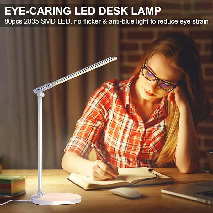 Lightess LED Desk Lamp with Wireless Charger, USB Charging Port - Dual Swing Arm Dimmable LED Desk Light with Night Light, Foldable Desk Lamp, Touch Control Table Lamp for College Dorm Room Bedroom - LeafyLoom