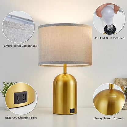 Set of 2 Table Lamps with USB C+A Ports, Touch Control Lamps for Bedside and Nightstand in Bedroom, 3-Way Dimmable Modern Lamp for Desk, Living Room, Office, LED Bulbs Included(Gold & Gray) - LeafyLoom