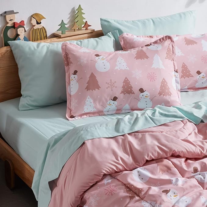 SLEEP ZONE Kids Twin Bedding Comforter Set - Super Cute & Soft Kids Bedding 5 Pieces Set with Comforter, Sheet, Pillowcase & Sham (Pink Snowman) - LeafyLoom