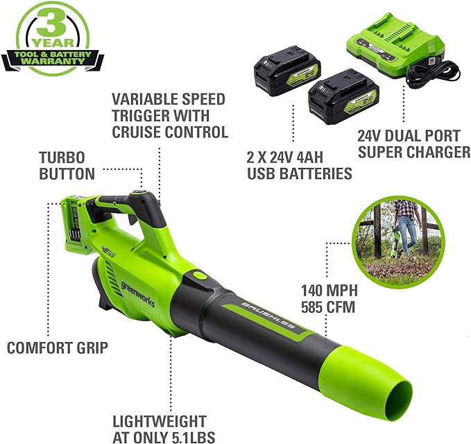 Greenworks 48V (2 x 24V) Cordless Brushless Axial Leaf Blower (140 MPH / 585 CFM / 125+ Compatible Tools), (2) 4.0Ah Batteries and Dual Port Rapid Charger Included - LeafyLoom