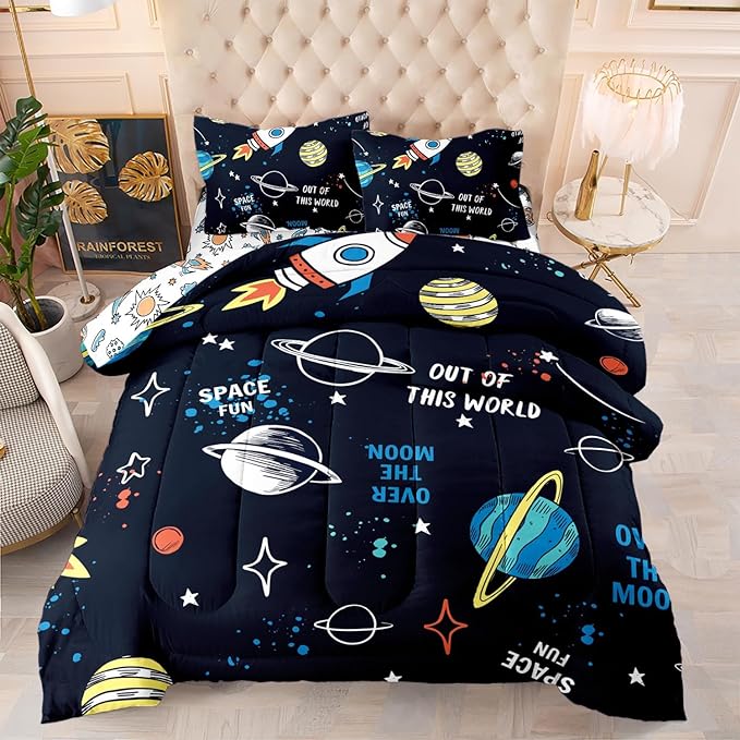 Space Comforter Set Twin 5PCS,Kids Bedding Set for Boys Twin,Rocket Bedding Twin Size.Kids Comforter Set Soft Bedding Sets,Bed in A Bag for Kids - LeafyLoom