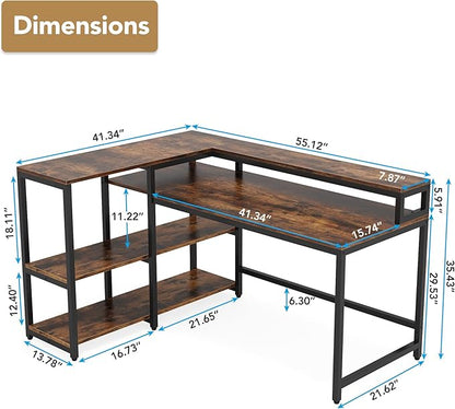 Reversible L Shaped Computer Desk with Storage Shelf, Industrial Corner Desk with Monitor Stand for Home Office - LeafyLoom