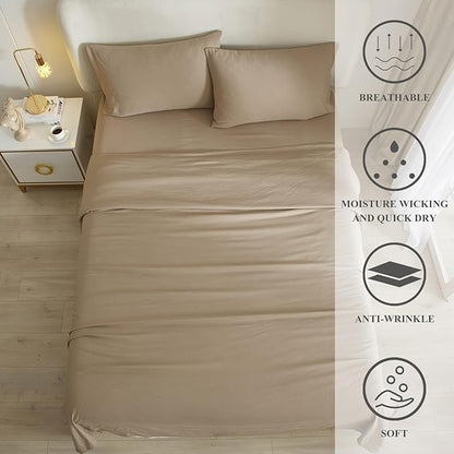 HighBuy Khaki Sheets for Queen Size Bed,4 Piece Cooling Sheets Queen Deep Pocket up to 16 Inch,Solid Bedding Sheets & Pillowcases Set,Wrinkle, Fade, Stain Resistant - 4 Piece (Queen, Khaki) - LeafyLoom