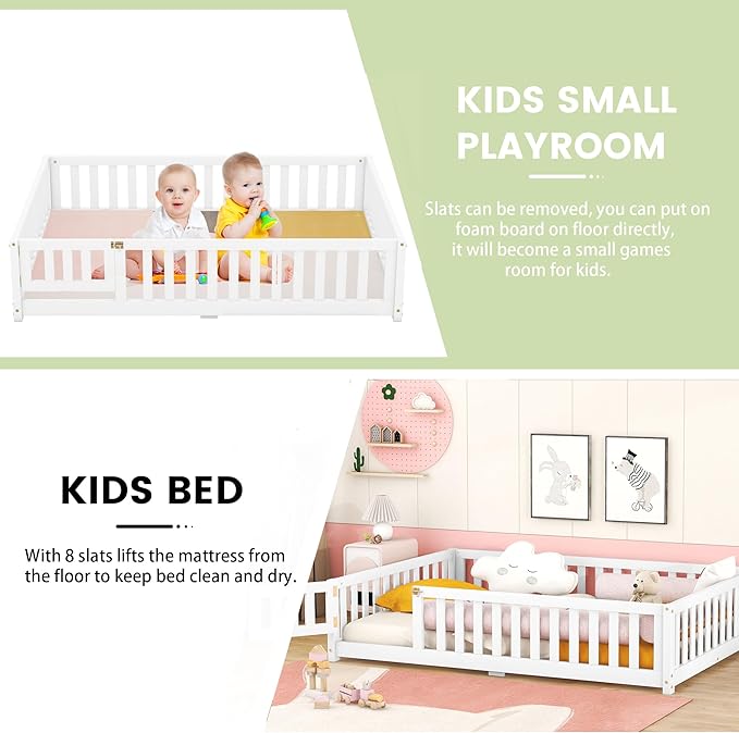 Multifunctional Full Size Floor Bed with Safety Guardrails and Door, Removable Wood Slats, Montessori Beds Frame for Toddlers, for Boys and Girls, White - LeafyLoom