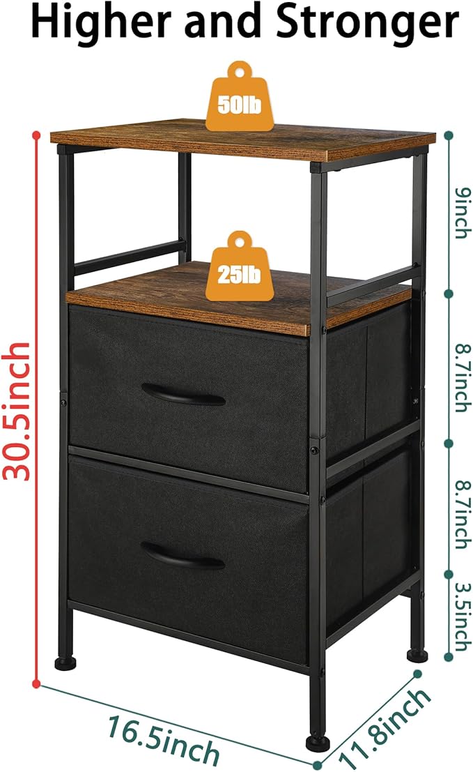 Nightstand with Fabric Drawers, High Load Capacity Small Dresser with Storage Drawers, Side Table with Open Wood Shelf for Bedroom, Bedside Table/Night Stand/End Table for Living Room, Dorm, Brown - LeafyLoom