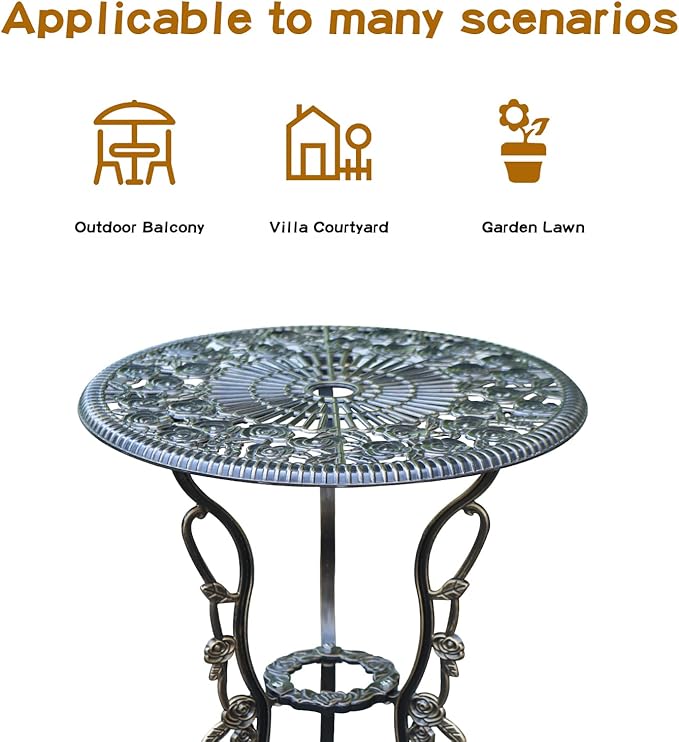 Patio Bistro Set.Rust-Resistant Cast Aluminum Bistro Table Set with Umbrella Hole for Backyard (Rose Copper) - LeafyLoom