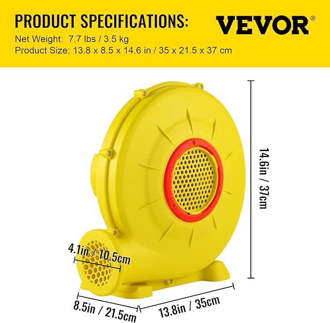 VEVOR Air Blower, 450W 0.6HP Inflatable Blower, Portable and Powerful Bounce House Blower, 1750Pa Commercial Air Blower Pump Fan, Used for Inflatable Bouncy Castle and Jump Slides, Yellow - LeafyLoom