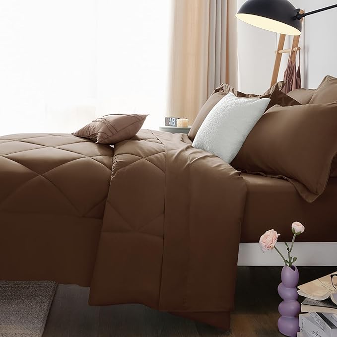 CozyLux Full Comforter Set with Sheets 7 Pieces Bed in a Bag Brown All Season Bedding Sets with Comforter, Pillow Shams, Flat Sheet, Fitted Sheet and Pillowcases - LeafyLoom