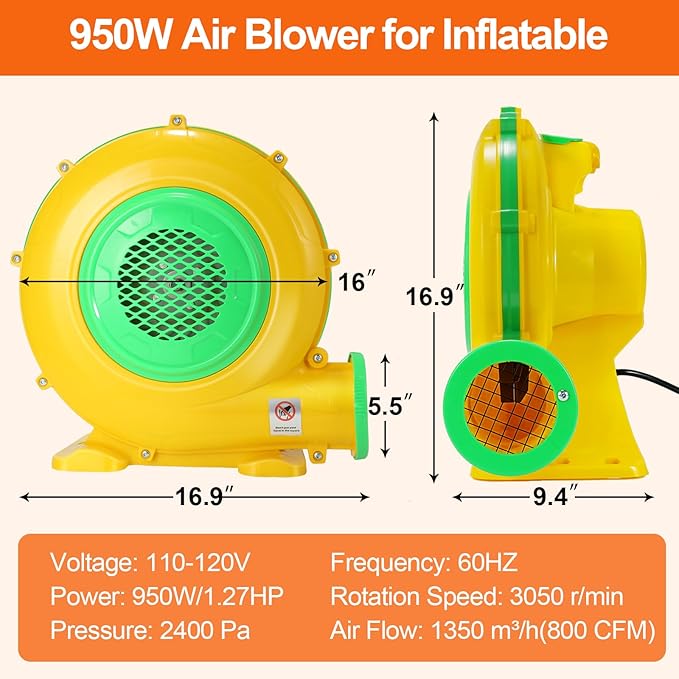 Bounce House Blower, 950W 1.27HP Commercial Air Blower with Double-Sided Fan Blade Design, Strong Wind and Great Heat Dissipation Properties for Medium and Small Bouncy Castle, Jump Slides, Arch - LeafyLoom