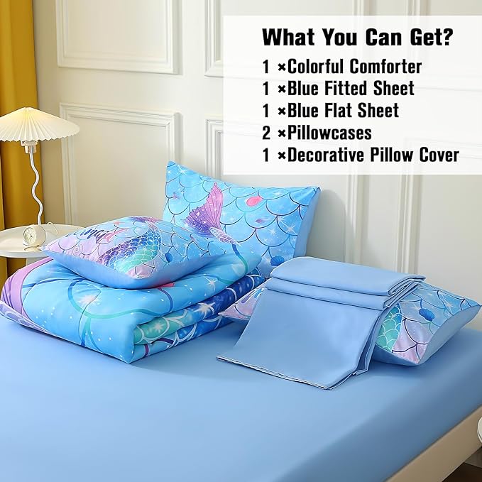 JQinHome Mermaid Comforter Set Full Size, 6 Piece Mermaid Tail Bed in A Bag,3D Colorful Mermaid Bedding Set for Girls Kids, Sparkle Teal Bedroom Decor Bedding Set with Sheets (Blue) - LeafyLoom