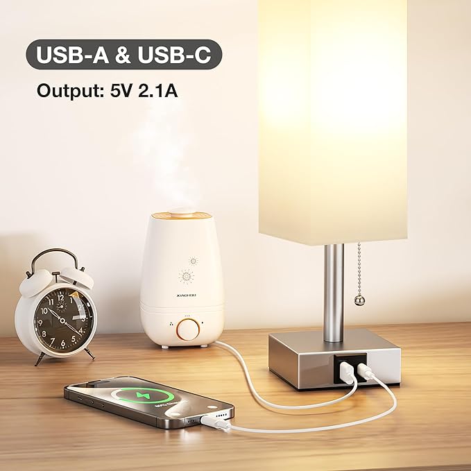 White Small Lamp for Bedroom - 3 Color Temperature 3000K 5000K 4000K Bedside Lamp, Pull Chain Control, USB A and C Charging Ports, Silver Base, for Kids Office Dorm nightstand, Bulb Included - LeafyLoom