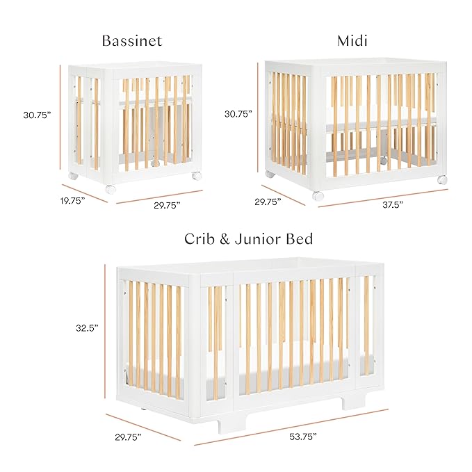 Babyletto Yuzu Convertible All-Stages Bassinet, Midi, Full-Size Crib in White with Natural, Greenguard Gold Certified, Portable & Adjustable with Conversion Kits and Pads Included - LeafyLoom