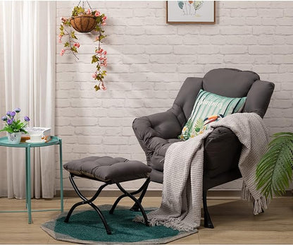 HollyHOME Fabric Lazy Chair with Foldable Ottoman, Accent Comfy Lounge Arm Chair and Folding Footrest Stool Set, Leisure Sofa Reading Chair and Footstool for Living Room, Bedroom, Dorm, Dark Grey - LeafyLoom