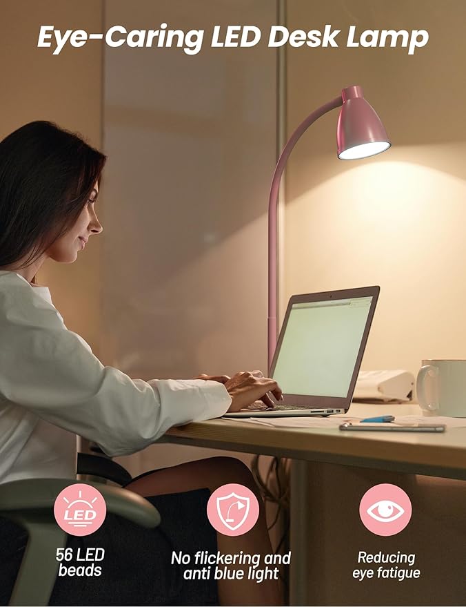 BOHON Cute Desk Lamp with USB Charging Port, Pink Lamp 3 Color Modes Dimmable Reading Lamp, Flexible Gooseneck Table Light Auto Dimming Task Lamp, LED Desk Light for Home Office Dorm Bedside, Pink - LeafyLoom