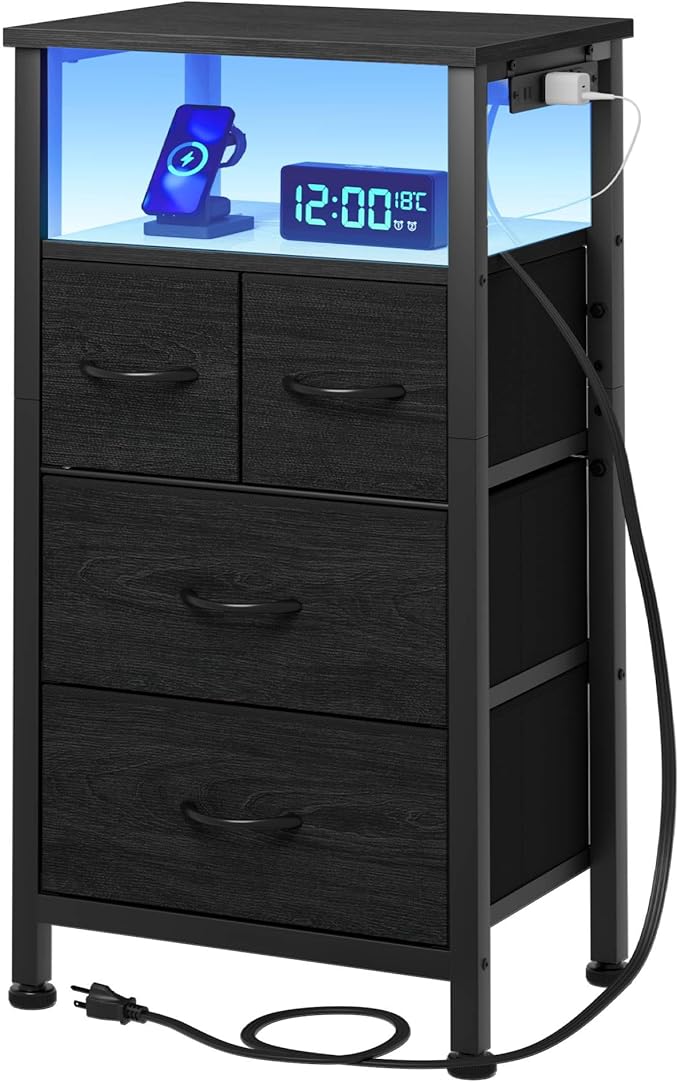 Furnulem Tall Night Stand with Charging Station and Led Light, Small Dresser with Open Shelf and 4 Storage Drawers, Black Side Table Fabric Nightstand for Bedroom, Entryway, Bedside Furniture - LeafyLoom