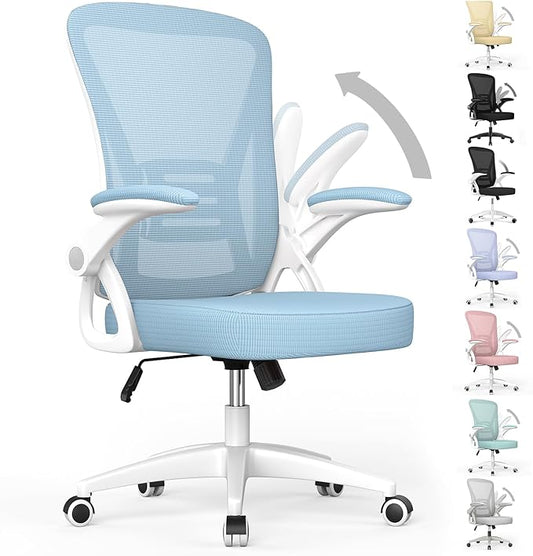 naspaluro Ergonomic Office Chair, Mid Back Desk Chair with Adjustable Height, Swivel Chair with Flip-Up Arms and Lumbar Support, Breathable Mesh Computer Chair for Home/Study/Working, Blue - LeafyLoom