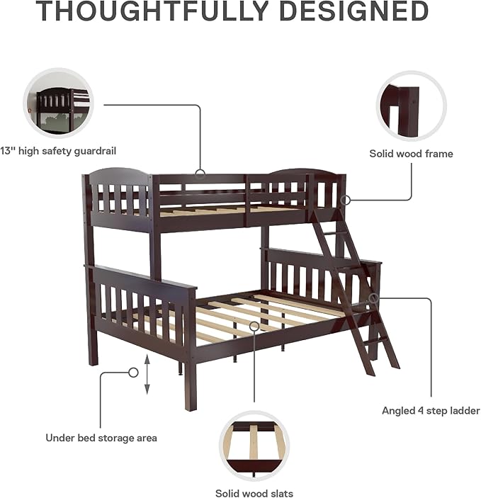 DHP Airlie Convertible Wood Bunk Bed, Stackable and Detachable Bed Frames for Kids and Teens, with Angled Ladder, High Guardrail, Wood Slats, No Boxspring Required, Twin-Over-Full, Espresso - LeafyLoom