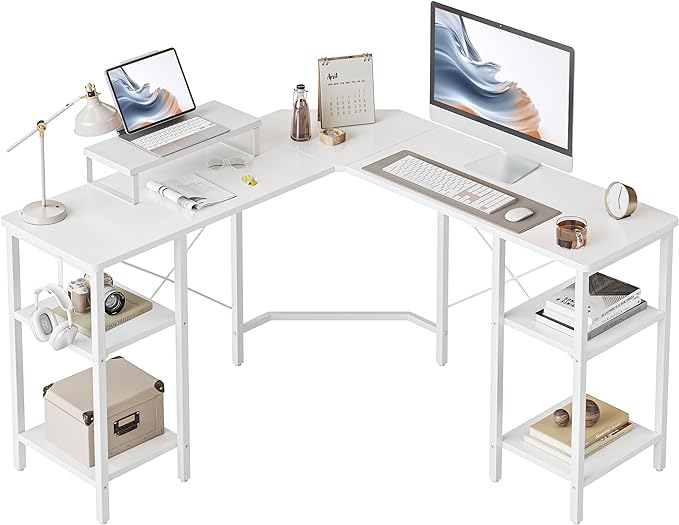 BANTI L Shaped Desk with Shleves, 50.4 inch Large Corner Desk with Two Storage, Space Saving, Easy to Assemble, White - LeafyLoom